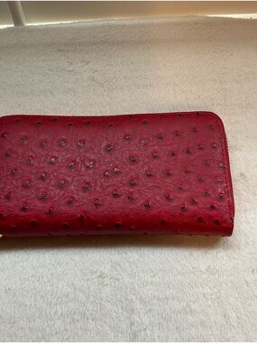 Red Ostrich-Texture Zip-Around Wallet